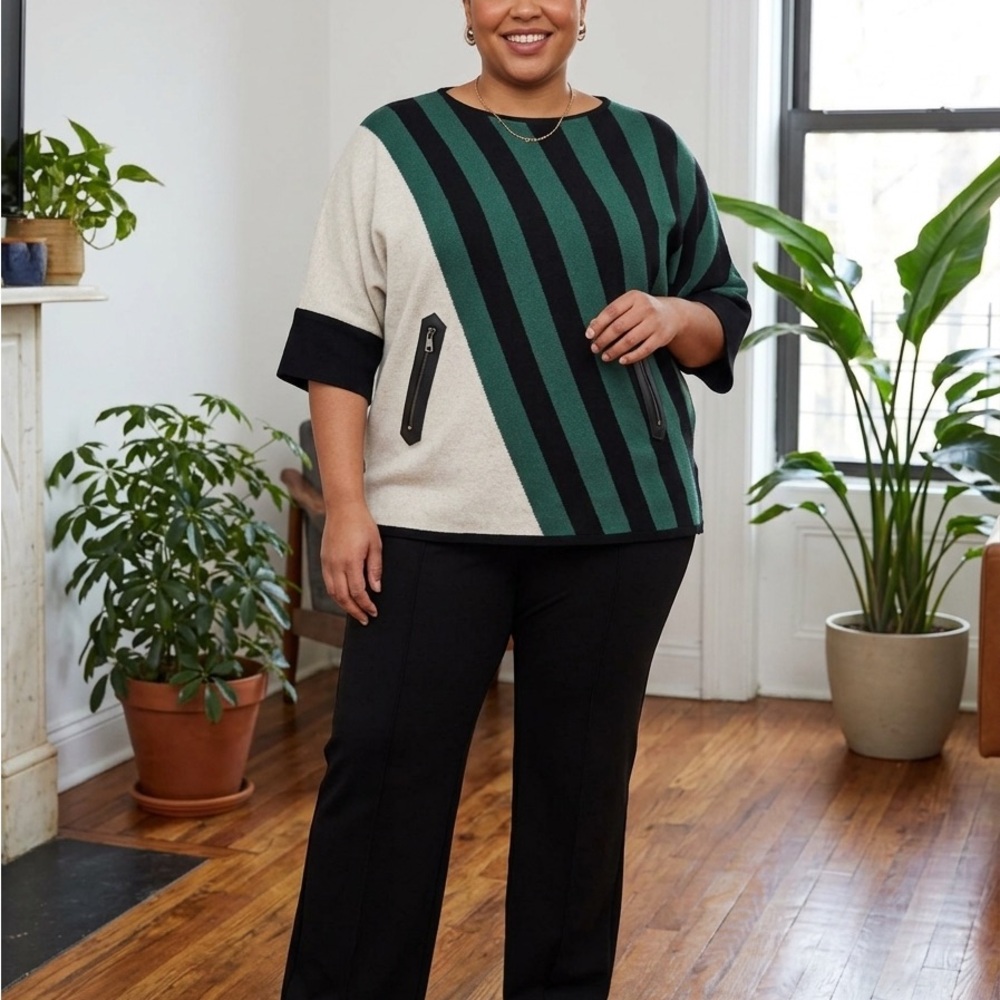 Striped Green & Black Knit Top with Cream Panels